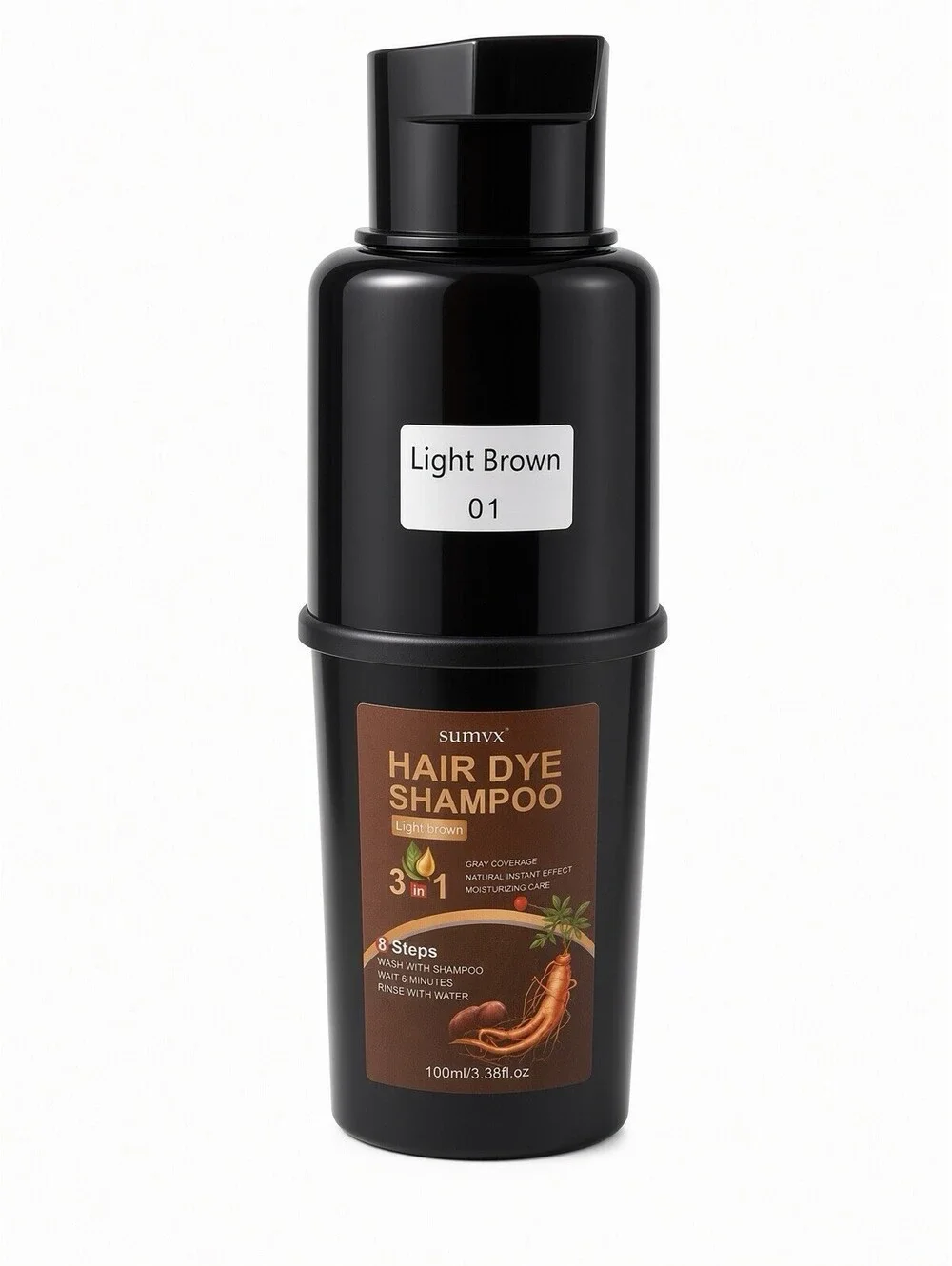 SUMVX Hair Dye Shampoo Light Brown 01 3-in-1 Instant Hair Color 100ml Pump